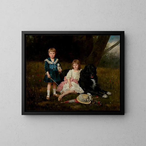 a portrait of two children with their favorite dog in a flowery landscape - Géza Vastagh — framed artwork on a wall