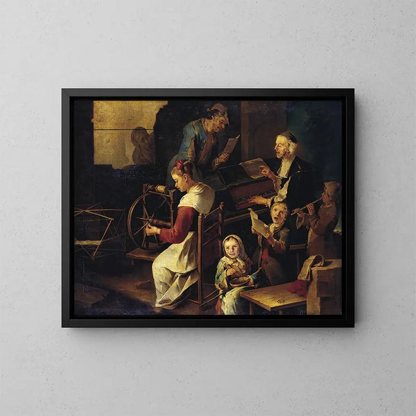 Domestic scene with musicians and woman spinning - Giacomo Francesco Cipper — framed artwork on a wall