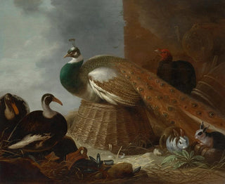 Gijsbert Gillisz de Hondecoeter - A peacock a pair of ducks rabbits and a turkey in a landscape.webp