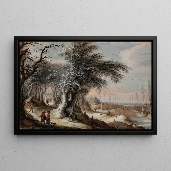 Winter landscape painting with villagers on a path - Gijsbrecht Leytens — framed artwork on a wall