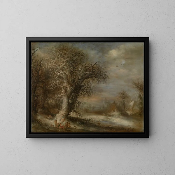 Snowy landscape with gypsies - Gijsbrecht Leytens — framed artwork on a wall