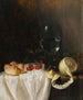 Natuurstudie met een Roemer, gepelde kersen met citroen en een klein brood op een gedeeltelijk met een doek bedekte tafel - Gillis Gillisz de Bergh — weergave van het kunstwerk