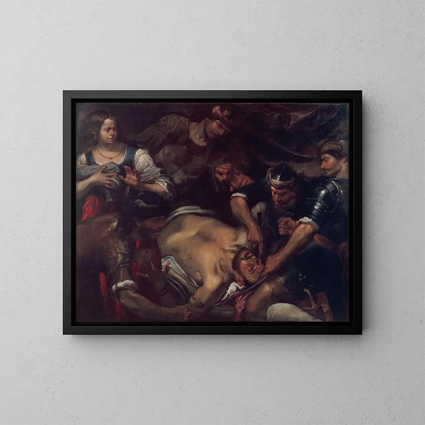 Les Philistins crevant les yeux de Samson - Gioacchino Assereto — framed artwork on a wall