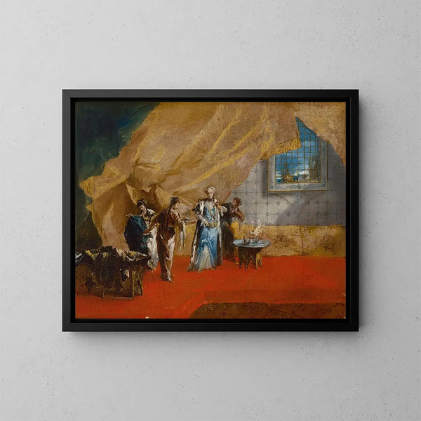 Interior: A sultana drinking coffee in the harem - Giovanni Antonio Guardi — framed artwork on a wall