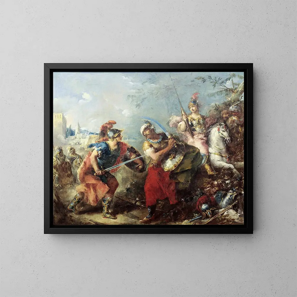 The Battle between Tancred and Argante with Clorinda in the background - Giovanni Antonio Guardi — framed artwork on a wall