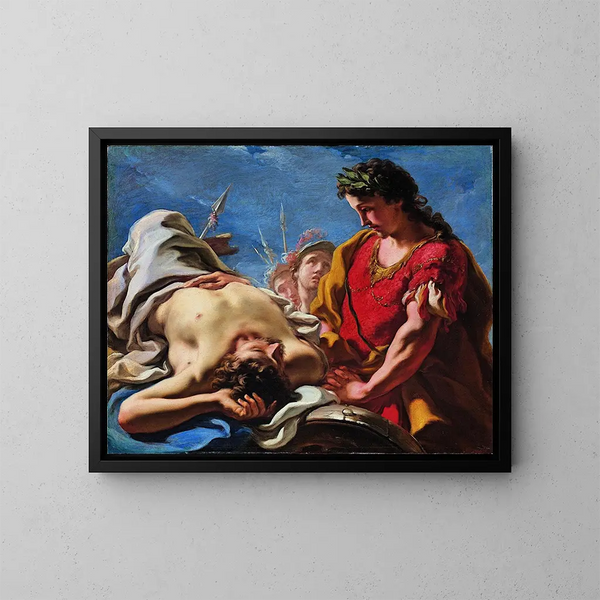 Alexandre devant le corps du défunt Darius - Giovanni Antonio Pellegrini — framed artwork on a wall