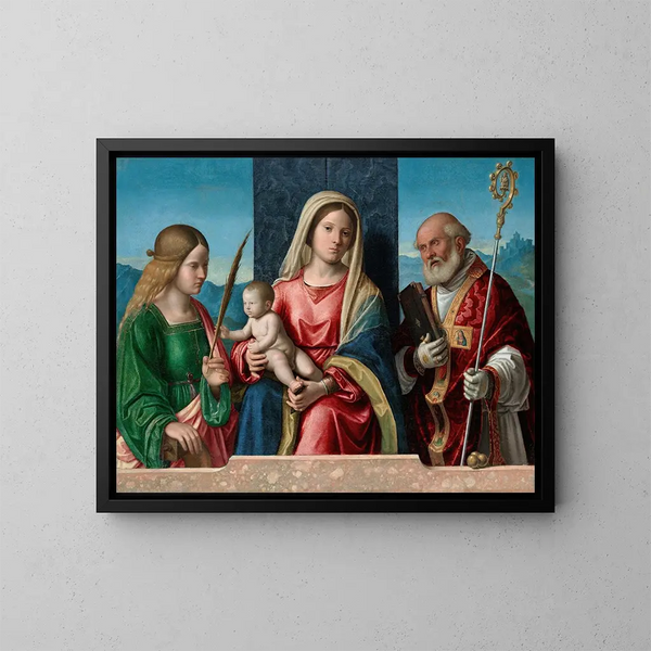 the Virgin and Child with Saints Catherine and Nicholas - Giovanni Battista Cima da Conegliano — framed artwork on a wall