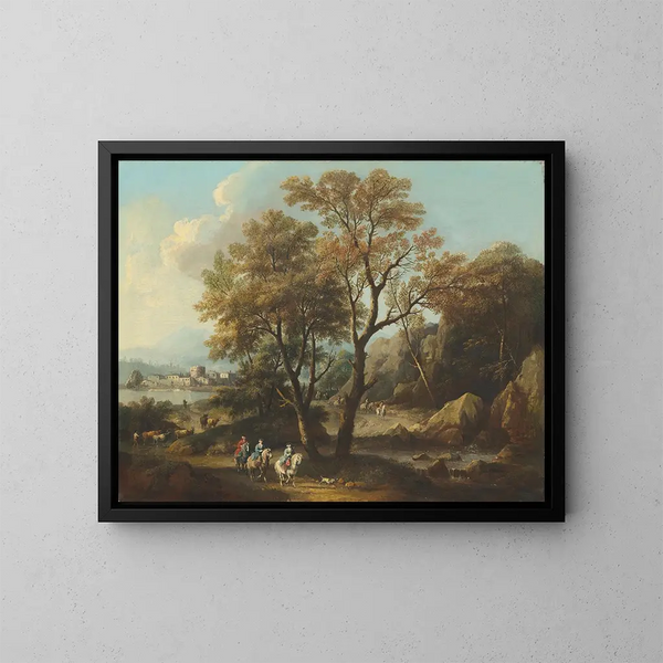 a river landscape with travelers on a path - Giovanni Battista Cimaroli — framed artwork on a wall