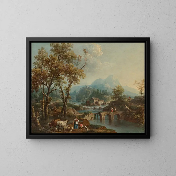 an Italian lakeside landscape with travelers crossing a bridge and a city by the lake in the distance - Giovanni Battista Cimaroli — framed artwork on a wall