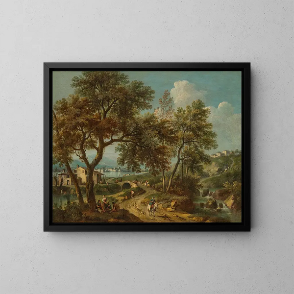 a landscape in the Italian style with a view of Lake Garda and Salò in the distance, with characters on a bridge - Giovanni Battista Cimaroli — framed artwork on a wall