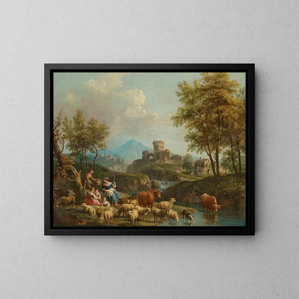 a riverside landscape in the Italian style with drivers and livestock on a path, a village beyond - Giovanni Battista Cimaroli — framed artwork on a wall