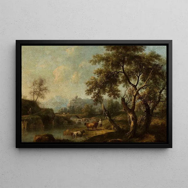 Mountain landscape painting with livestock at the watering trough - Giovanni Battista Cimaroli — framed artwork on a wall