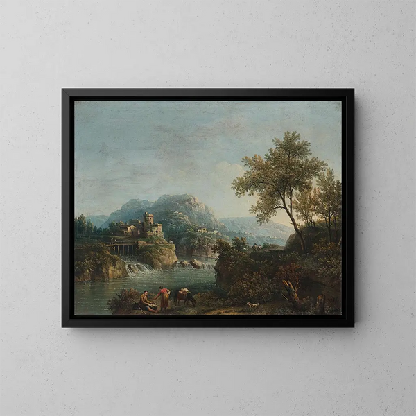 River landscape painting with figures and a donkey - Giovanni Battista Cimaroli — framed artwork on a wall