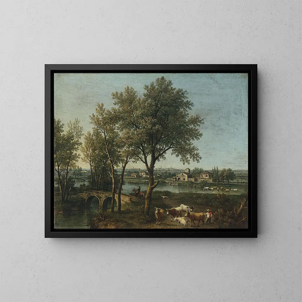 River landscape painting with a shepherd and a flock - Giovanni Battista Cimaroli — framed artwork on a wall