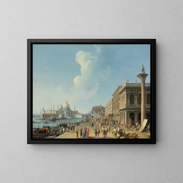 Venice painting, view from the Piazzetta westward, towards the Dogana and Santa Maria della Salute, with the Zecca, the Sansoviniana Library, and the column of Saint Theodore - Giovanni Battista Cimaroli — framed artwork on a wall