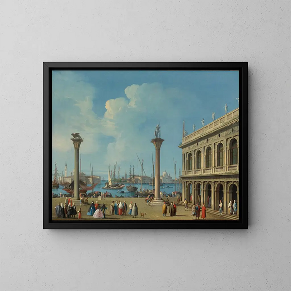 Venice painting, view of the mole from the Piazzetta towards the south towards San Giorgio Maggiore with the columns of Saint Mark and Saint Theodore and the Sansoviniana library - Giovanni Battista Cimaroli — framed artwork on a wall