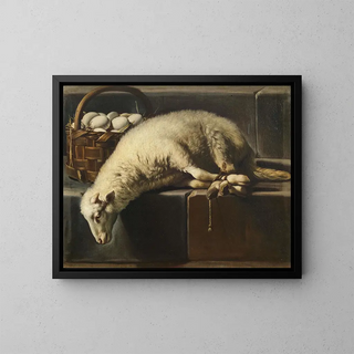 Giovanni Battista Recco - A ligated lamb besides a basket of eggs an Allegory of Easter.webp