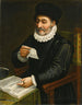 Portret van een man zittend aan een tafel met een open boek die een brief leest - Giovanni Battista Trotti — weergave van het kunstwerk