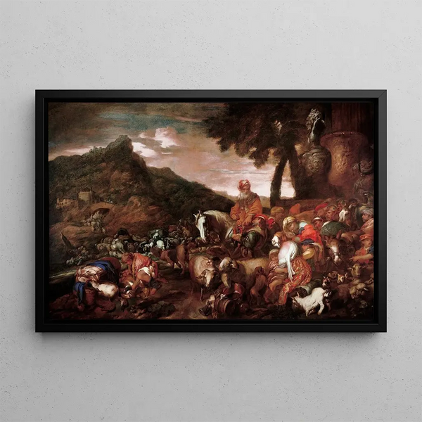 Voyage de la Famille d'Abraham - Giovanni Benedetto Castiglione — framed artwork on a wall