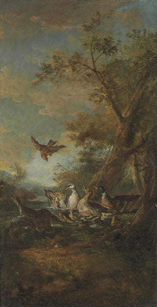 Giovanni Crivelli - A Bird Of Prey Ducks And Ducklings In A Landscape.webp