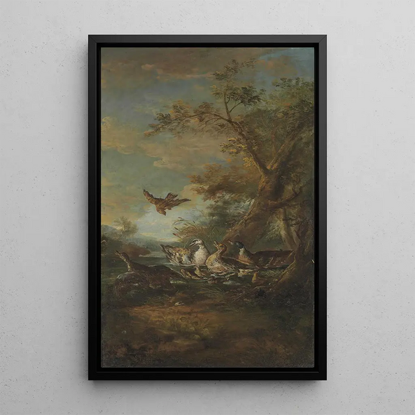 Een roofvogel, eenden en eendjes in een landschap - Giovanni Crivelli — ingelijst kunstwerk aan de muur