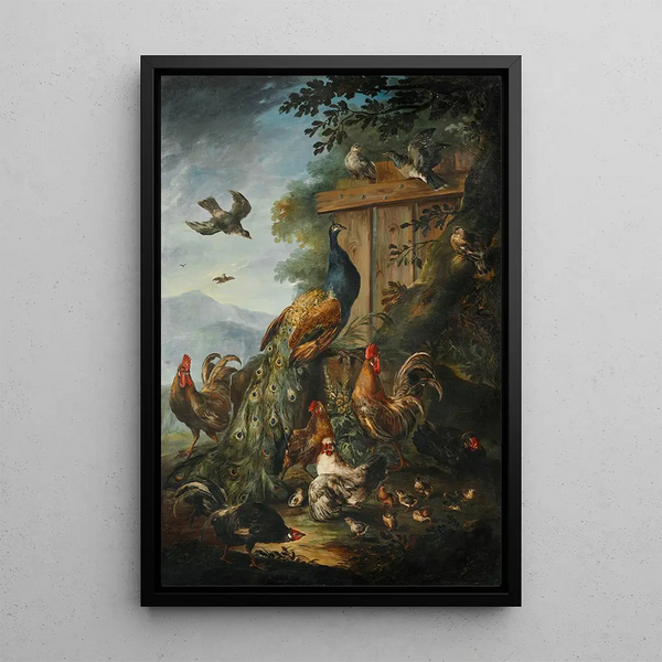 Un pauw, hanen, kippen en andere vogels met een landschap daarachter - Giovanni Crivelli — ingelijst kunstwerk aan de muur