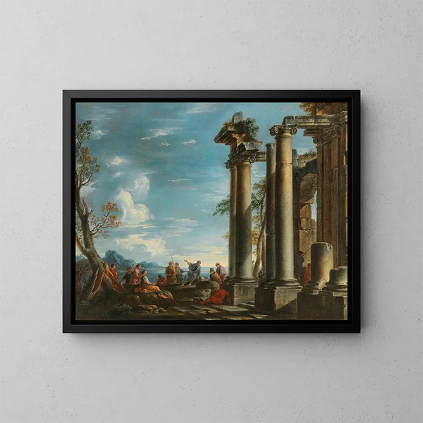a coastal landscape with figures near a classical ruin - Giovanni Ghisolfi — framed artwork on a wall