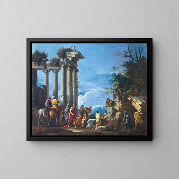 Figures près d'un temple en ruine avec Pythagore apparaissant de la grotte - Giovanni Ghisolfi — framed artwork on a wall