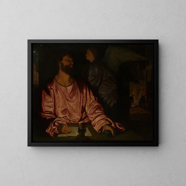 Saint Matthieu et l'ange - Giovanni Girolamo Savoldo — framed artwork on a wall