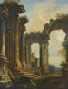 Een grillige klassieke ruïne met drie mannen die converseren op de trappen van een tempel - Giovanni Niccolò Servandoni — weergave van het kunstwerk