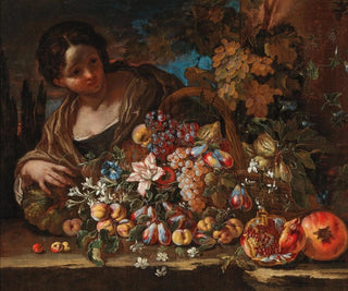 Giovanni Paolo Castelli - Flowers and fruit on a stone ledge with a young woman.webp