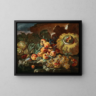 Giovanni Paolo Castelli - Peaches apples plums and cherries by a pumpkin on a stone ledge.webp