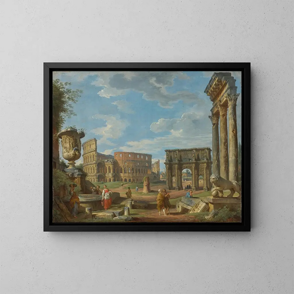 Caprice sur les monuments romains avec le Colisée et l'arc de Constantin - Giovanni Paolo Panini — framed artwork on a wall