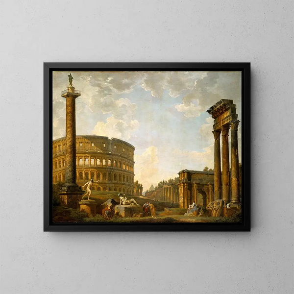 Caprice romain: The Colosseum and other monuments - Giovanni Paolo Panini — framed artwork on a wall