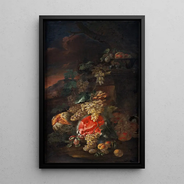 Natuurmoord van fruit met een landschap op de achtergrond - Giovanni Paolo Spadino — ingelijst kunstwerk aan de muur
