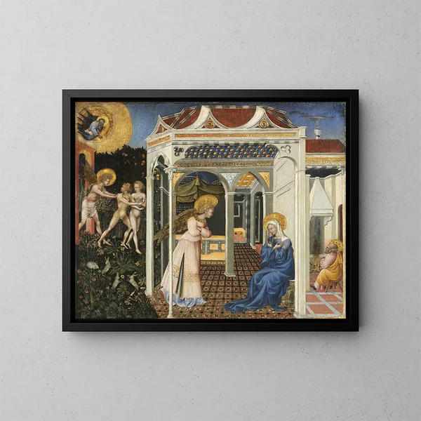L'Annonciation et l'Expulsion du Paradis - Giovanni di Paolo — framed artwork on a wall