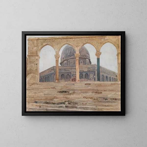 View of Jerusalem with the Omar Mosque and the Dome of the Rock - Giulio Aristide Sartorio — framed artwork on a wall