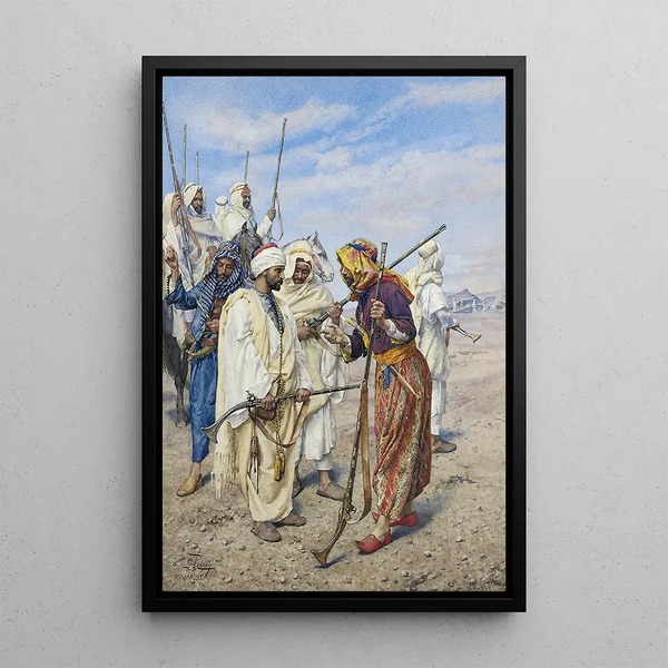 Bedouin painting preparing a raid expedition - Giulio Rosati — framed artwork on a wall