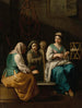 Een allegorie van de winter met een jonge vrouw die weeft in een interieur en een oude vrouw en kinderen die zich warmen bij een brasero - Giuseppe Gambarini — weergave van het kunstwerk