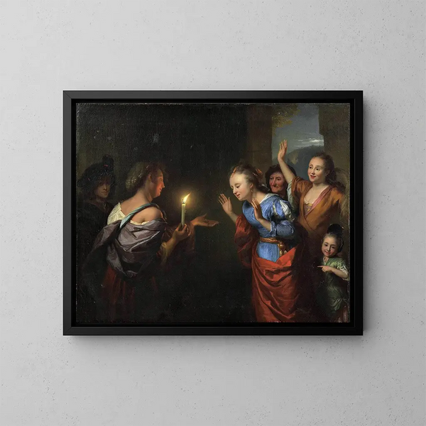 The Parable of the Lost Silver Coin - Godfried Schalcken — framed artwork on a wall
