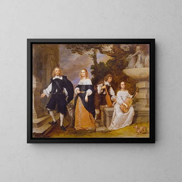 a family group near a fountain - Gonzales Coques — framed artwork on a wall