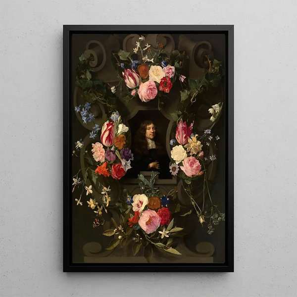Portrait of a man in a garland - Gonzales Coques — framed artwork on a wall