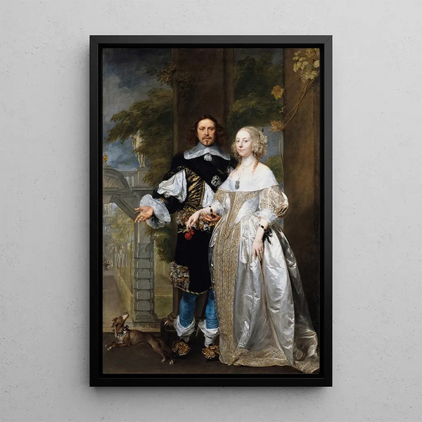 Portrait of a Married Couple in the Park - Gonzales Coques — framed artwork on a wall