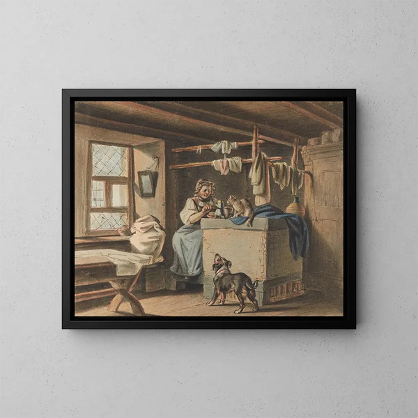 Woman preparing coffee - Gottfried Mind — framed artwork on a wall