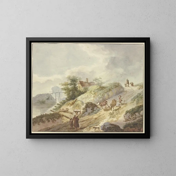 a peasant guiding his oxen down the mountain - Gottlieb Welt — framed artwork on a wall