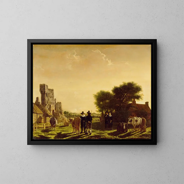 a Dutch farm with the ruins of Huis te Kleef - Govert Dircksz Camphuysen — framed artwork on a wall