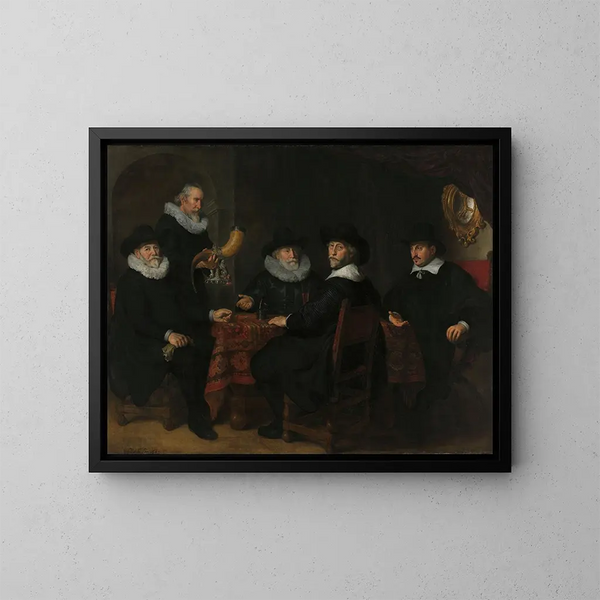 Four Governors of the Civic Guard of the Arquebusiers of Amsterdam 1642 - Govert Flinck — framed artwork on a wall
