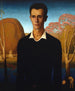Arnold Pyle voor een rivier met twee naakte mannen die baden - Grant Wood — weergave van het kunstwerk