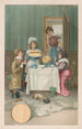 Binnen scène met kinderen die thee drinken en brood laten serveren - Gray Litho Co — weergave van het kunstwerk