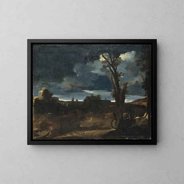 Landschapschilderij bij maanlicht - Guercino — ingelijst kunstwerk aan de muur